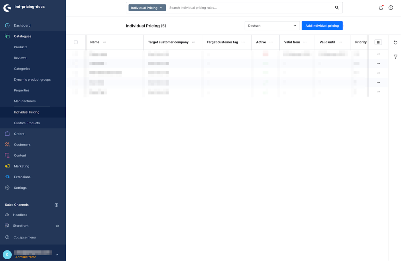 The Shopware 6 admin listing Individual Pricing rules, with columns for target customer company, target customer tag, validity dates and priority