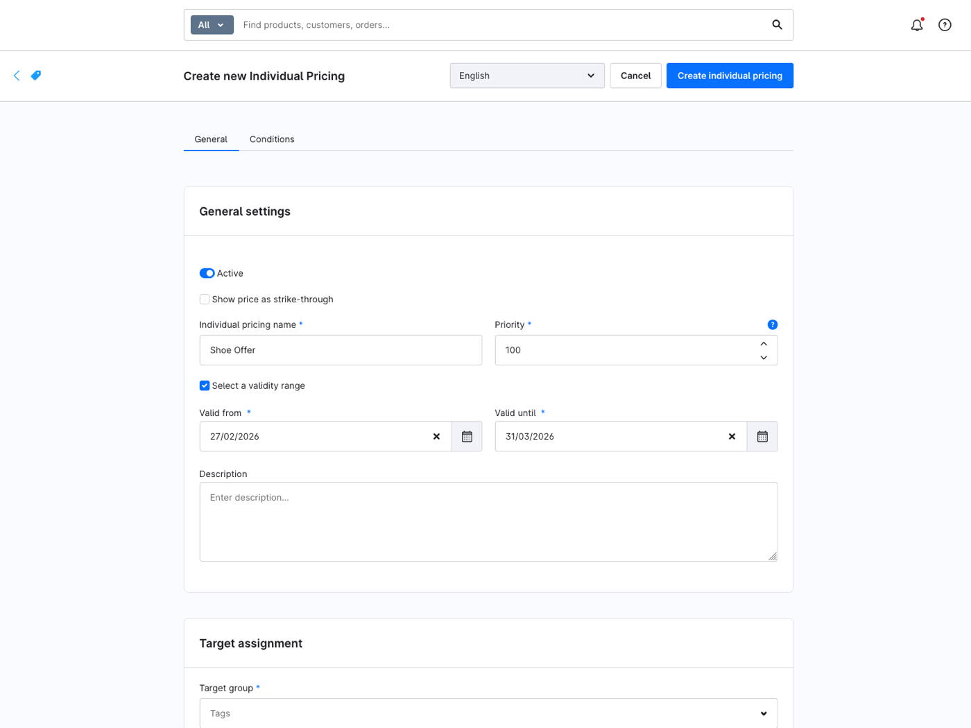 The Shopware 6 admin form for creating an Individual Pricing rule, showing validity range, priority and target group assignment